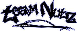 Stylized black “Team Nutez” logo with a sleek blue car outline on a white background