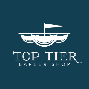 Top Tier Barber Shop logo in white on dark teal, featuring a stylized barber pole and ship-like emblem