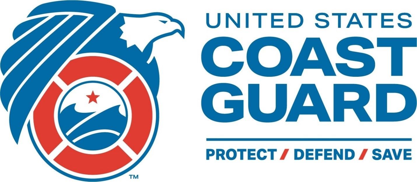 United States Coast Guard logo with blue and red emblem and “Protect • Defend • Save” text