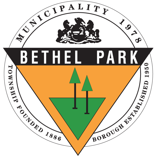 Bethel Park municipality seal with orange triangle, green trees, and circular text on white background