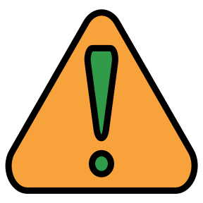 Orange warning triangle with a black exclamation mark and green center icon
