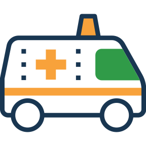Cartoon ambulance icon with orange cross, green window, and blue outline