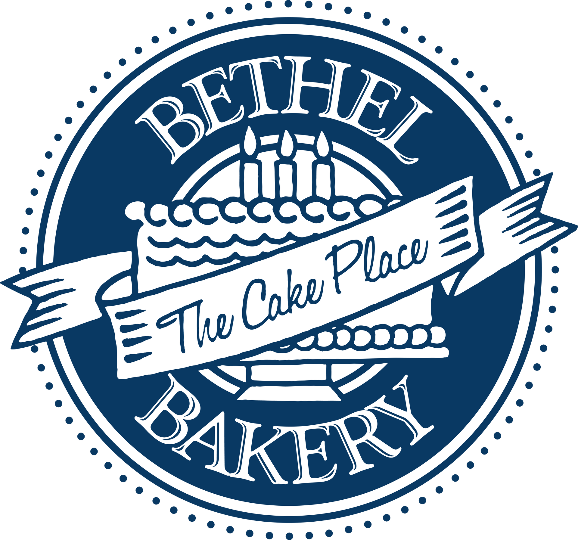 Blue circular logo for Bethel Bakery with a cake and banner reading “The Cake Place”