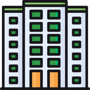 Stylized apartment building icon with green windows, white sides, and orange doors