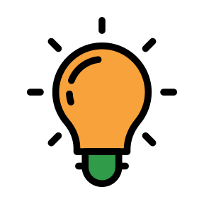 Orange light bulb icon with black outline and rays, green base, on a white background