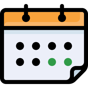 Calendar icon with orange header and black dots, two green dots on the lower row