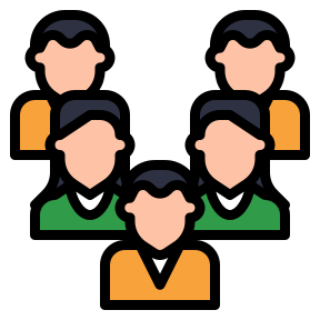 Five stylized people icons in orange, green, and black, arranged in a group cluster.