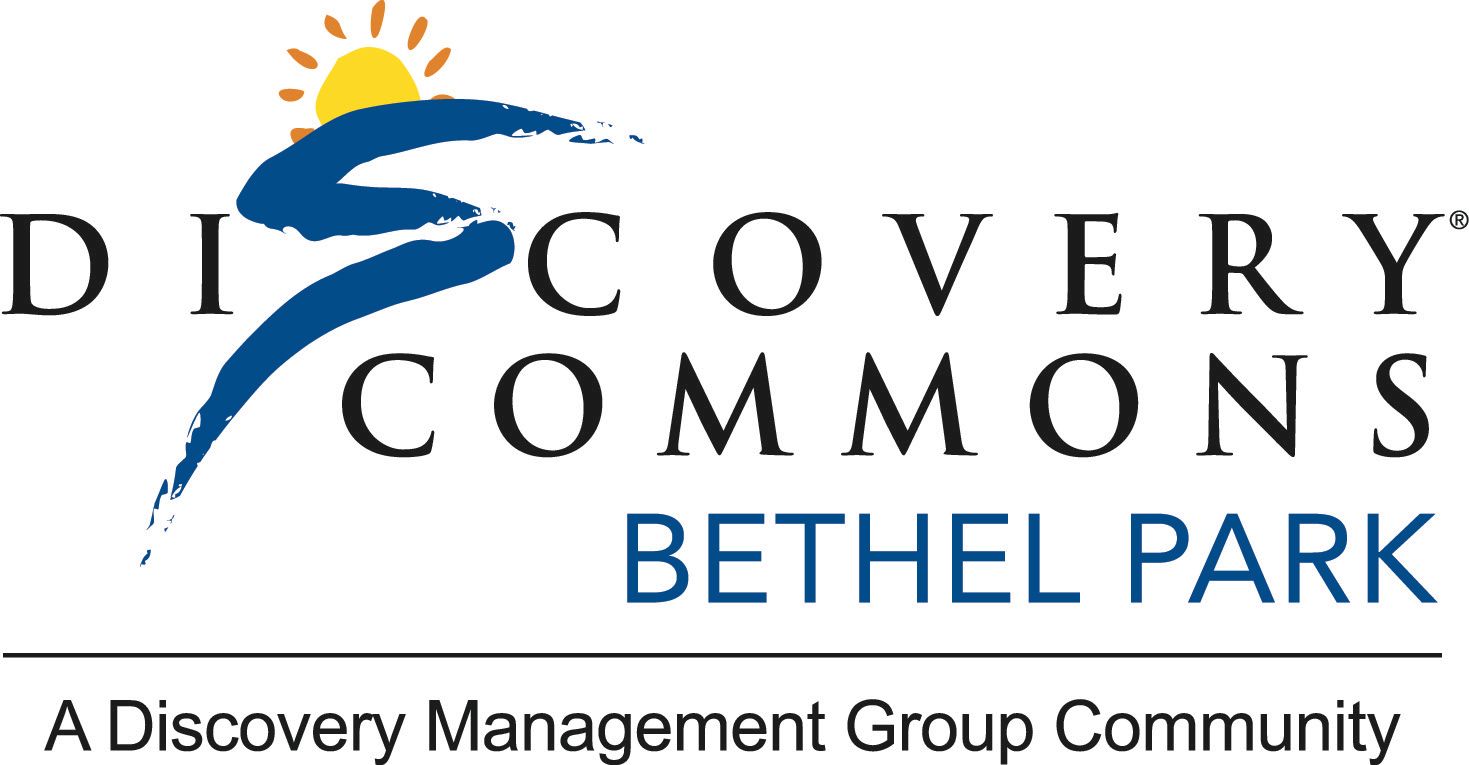 Discovery Commons Bethel Park logo with blue and gold graphic and tagline “A Discovery Management Group Community”