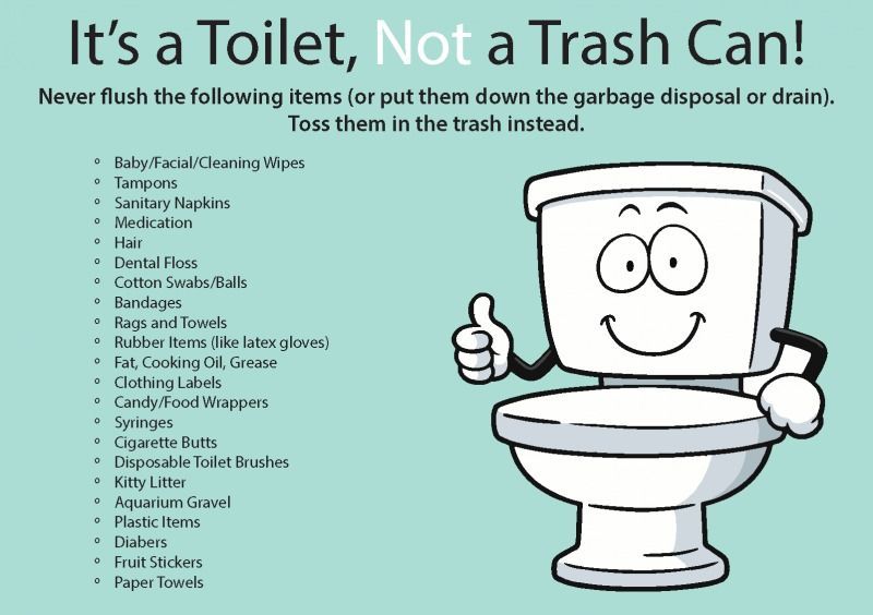 Cartoon toilet with smiley face and thumbs up, saying “It’s a Toilet, Not a Trash Can!”