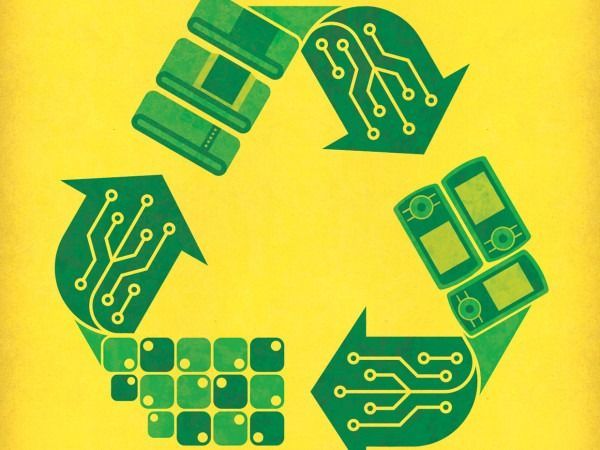 Green recycling symbol made of circuit board icons on a yellow background