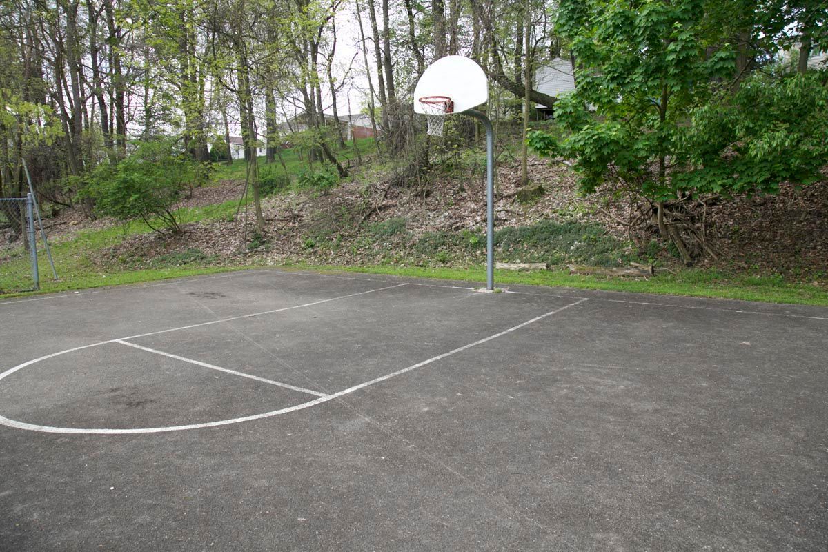Empty outdoor basketball court with a hoop and trees in the background
