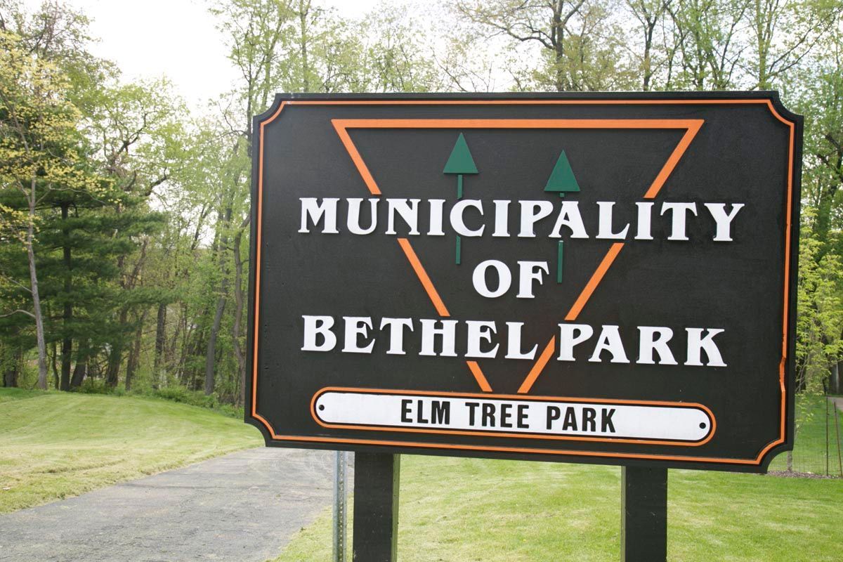 Municipality of Bethel Park sign for Elm Tree Park by a wooded roadside