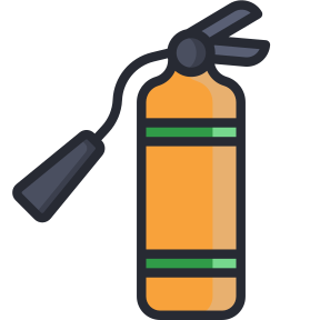 Orange fire extinguisher with black hose and handle, featuring green bands