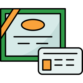 Certificate and ID card icon with green-framed document and orange accents