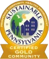 Sustainable Pennsylvania Certified Gold Community circular logo with gold, white, and blue text and state outline