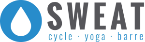 Blue water-drop logo with “SWEAT” and the words “cycle · yoga · barre” underneath