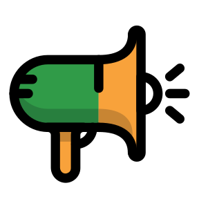 Green and orange megaphone icon with sound lines
