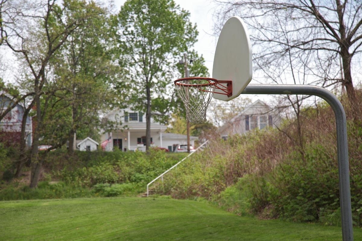 Basketball hoop beside a grassy slope and trees in a suburban park