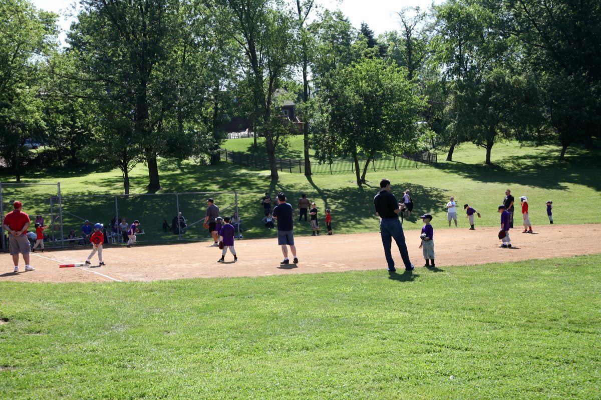 People playing on a dirt field in a sunny park with trees and green grass
