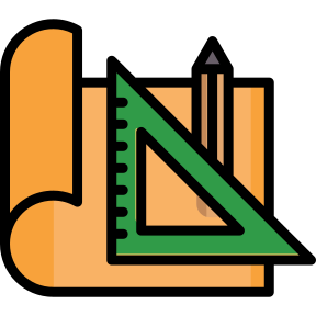 Orange drafting tools icon with ruler, set square, and pencil in green and black outline