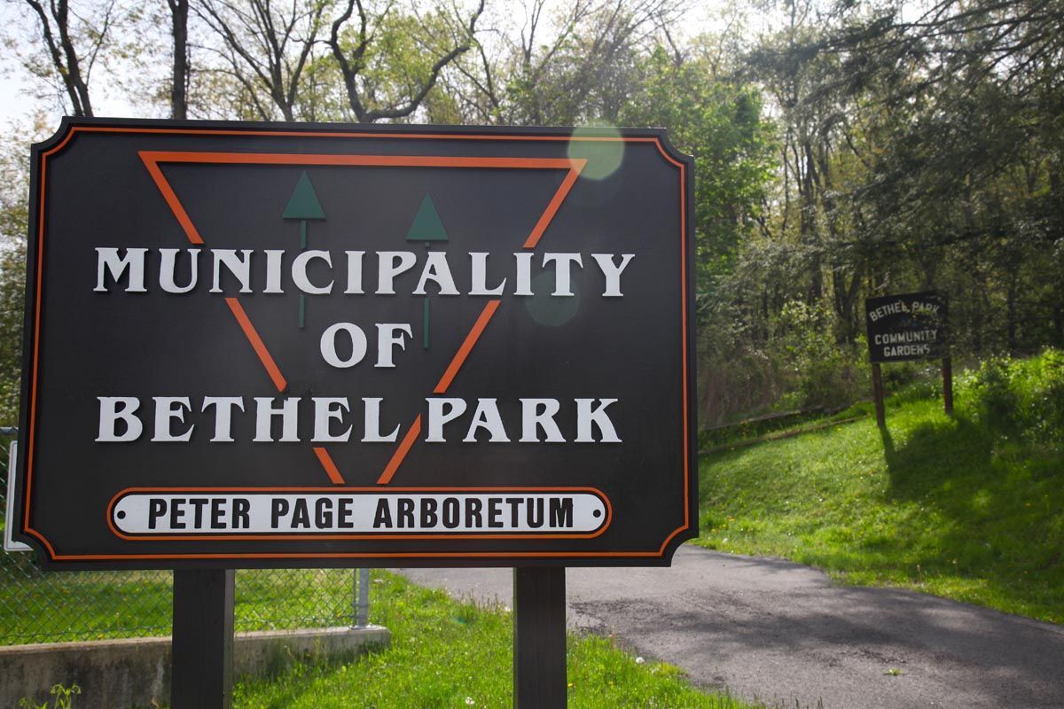 Sign for Municipality of Bethel Park, Peter Page Arboretum, along a green wooded path