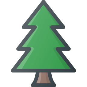 Green evergreen tree icon with brown trunk and dark outline