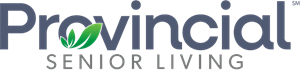 Provincial Senior Living logo with navy text and green leaf accent
