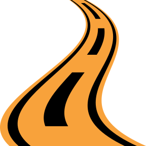 Orange curving road or highway with black lane markings on a white background