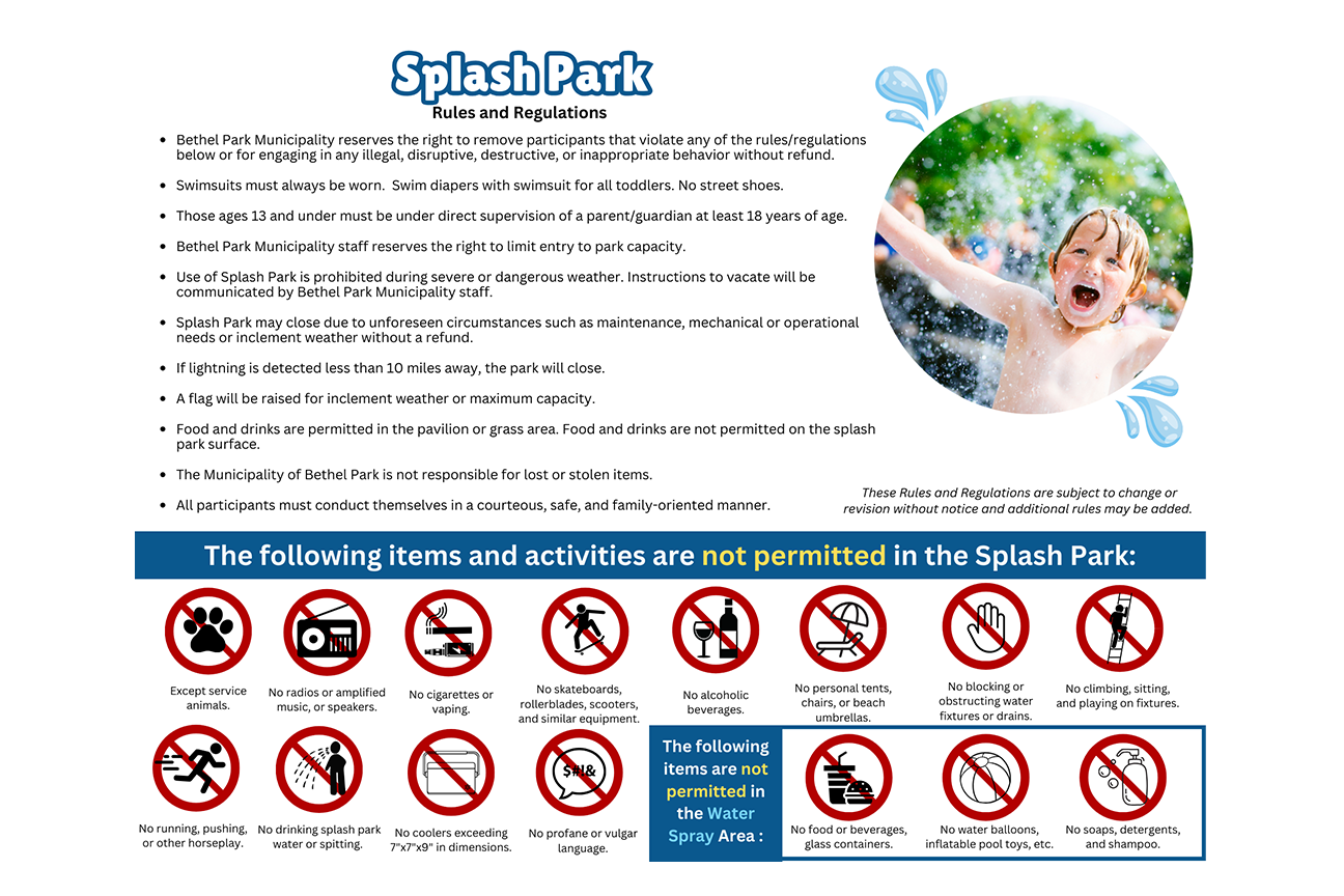 Splash Park safety rules poster with red prohibition icons and a child splashing in water