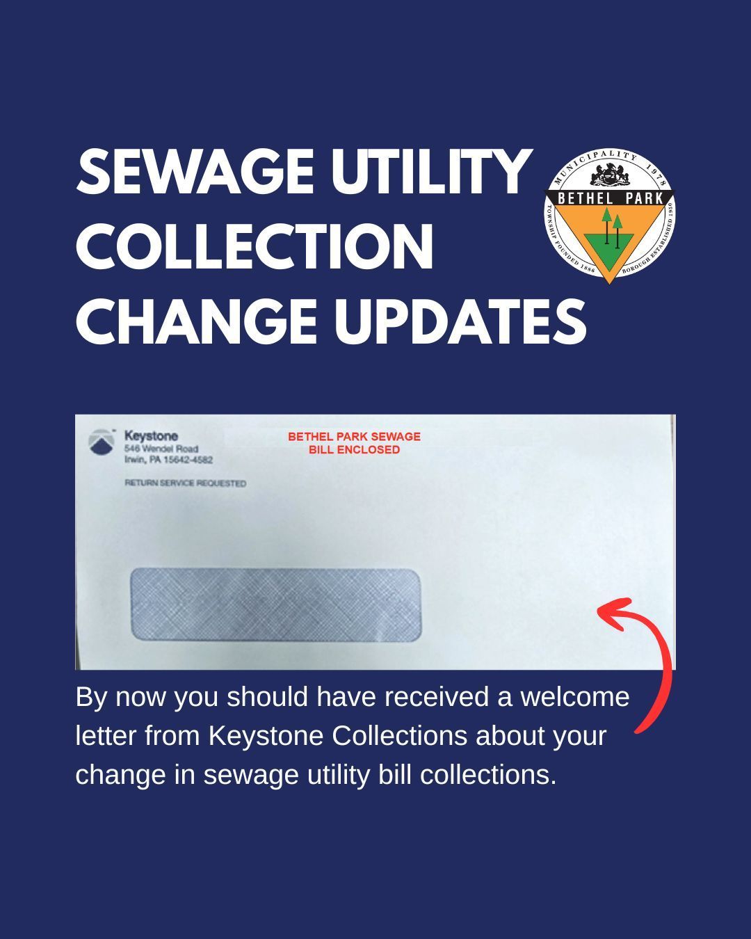 Blue notice about sewage utility collection changes with a sample letter and red arrow pointing to it