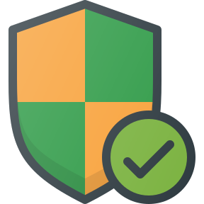 Shield icon with green checkmark badge, in orange, green, and gray.