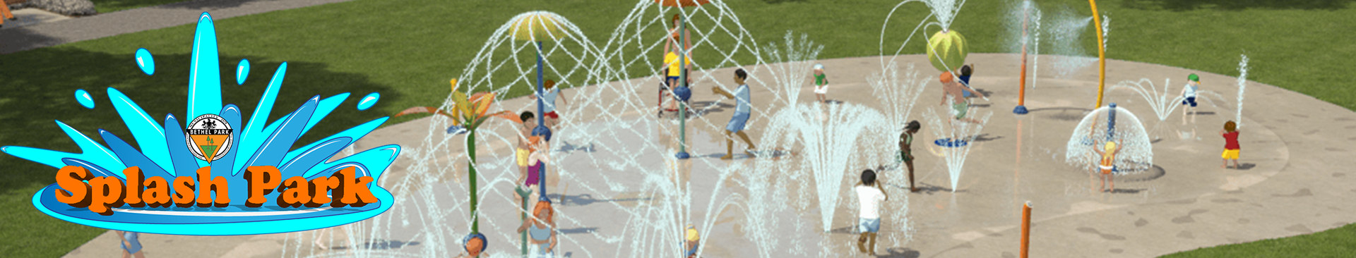 Splash Park sign over children playing in colorful fountains and water sprays outdoors