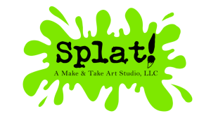 Bright green paint splatter logo reading “Splat!” with “A Make & Take Art Studio, LLC” underneath