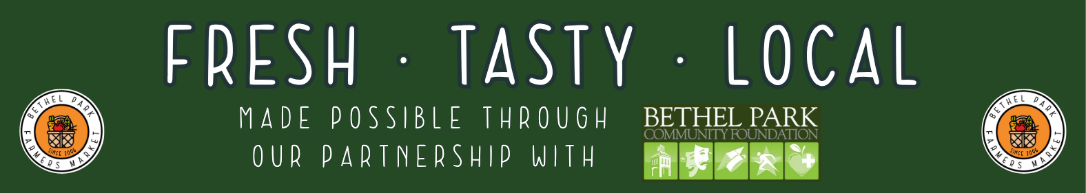 Green banner reading “FRESH • TASTY • LOCAL” with small white text and orange circular logos at both ends