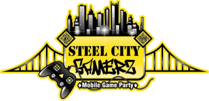 Steel City Gamers logo with city skyline, bridge, and game controller in black, yellow, and gold