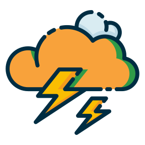 Orange cloud with blue outline and lightning bolts, suggesting a thunderstorm icon.