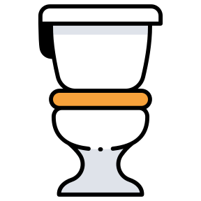 Stylized white toilet with black outline and orange seat ring, centered on a plain background