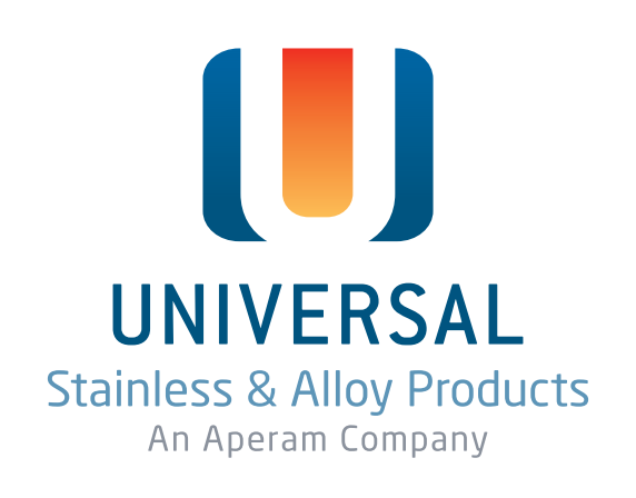 Universal Stainless & Alloy Products logo with blue and orange U and gray tagline, An Aperam Company