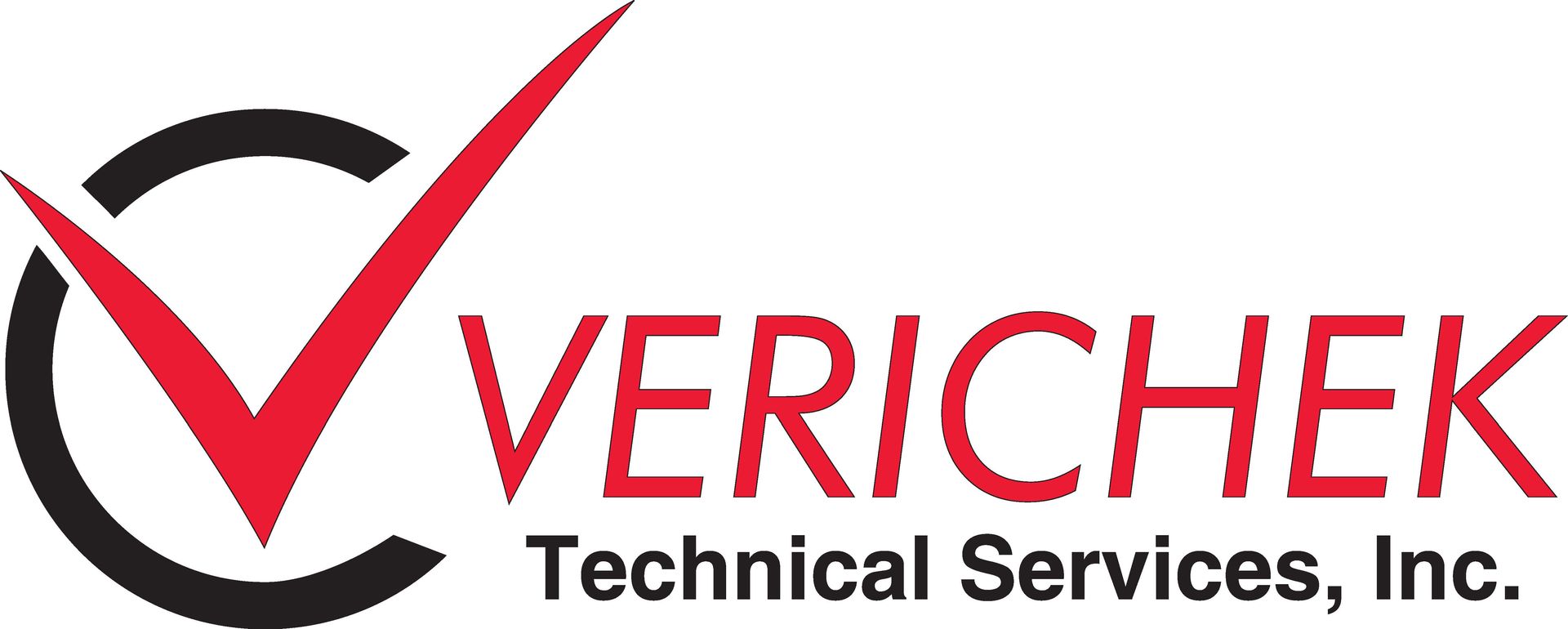 VeriCheck Technical Services, Inc. logo with red checkmark and black curved swoosh on white background