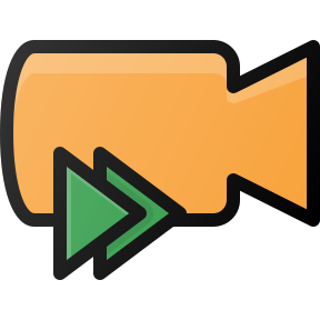 Orange video camera icon with green fast-forward arrows