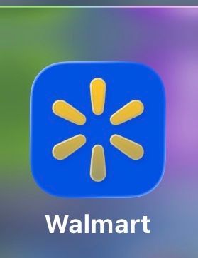 Walmart app icon: blue square with yellow spark logo and white “Walmart” text underneath