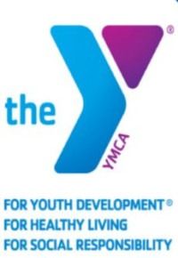 YMCA logo with blue and purple Y shape and slogan for youth development, healthy living, social responsibility
