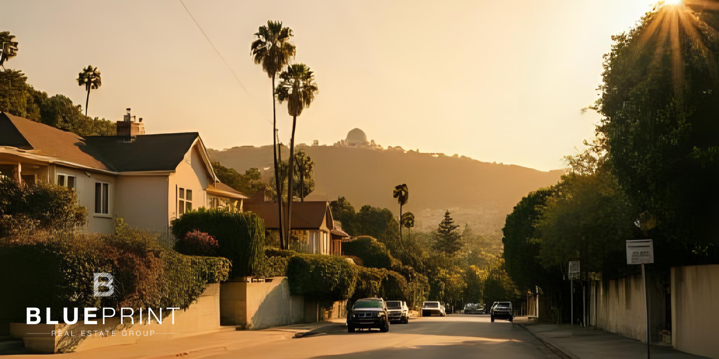 Street scene with houses, palm trees, and the Hollywood Hills bathed in golden sunlight.