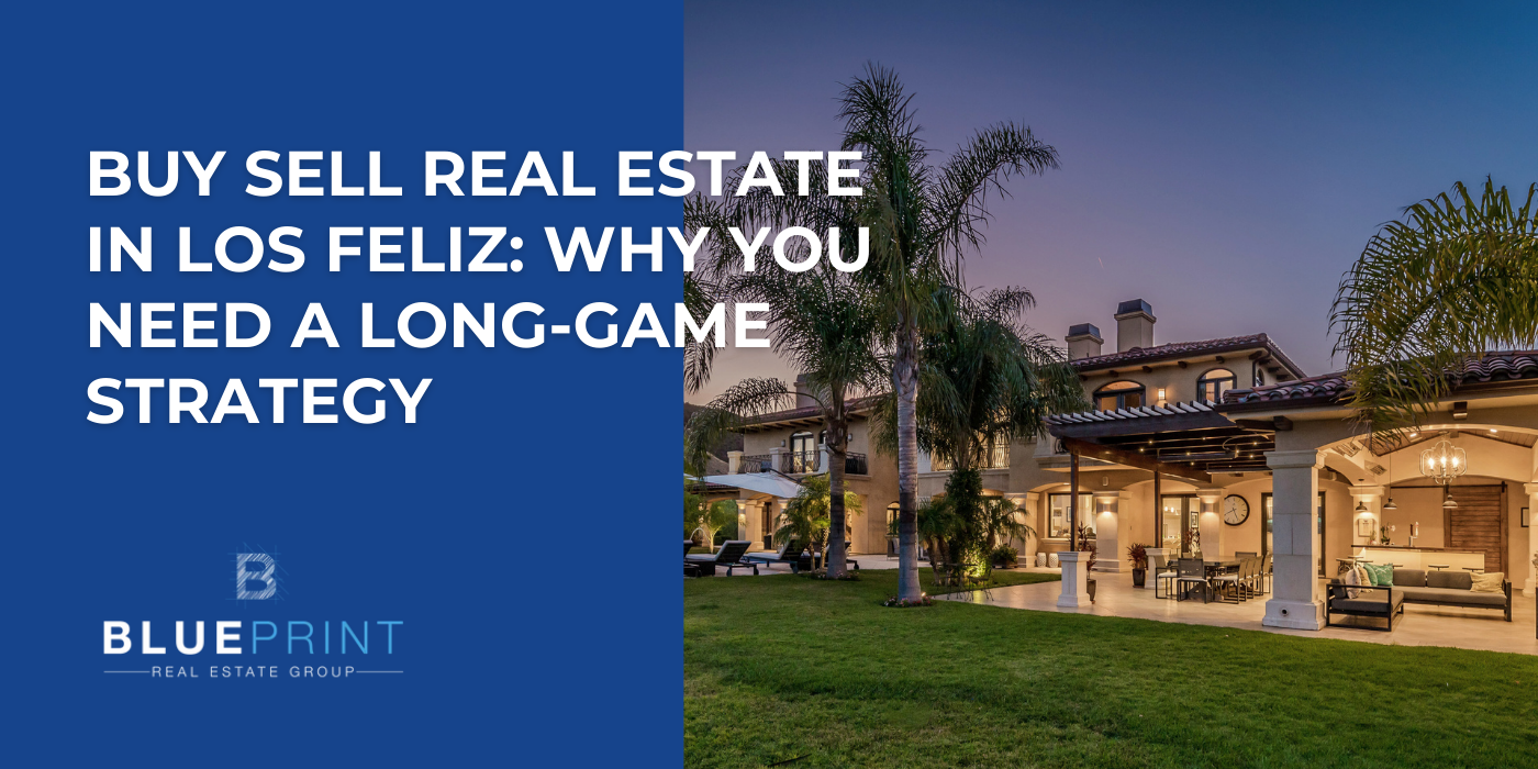 A real estate ad for Los Feliz properties with text on a blue background and a house at dusk.