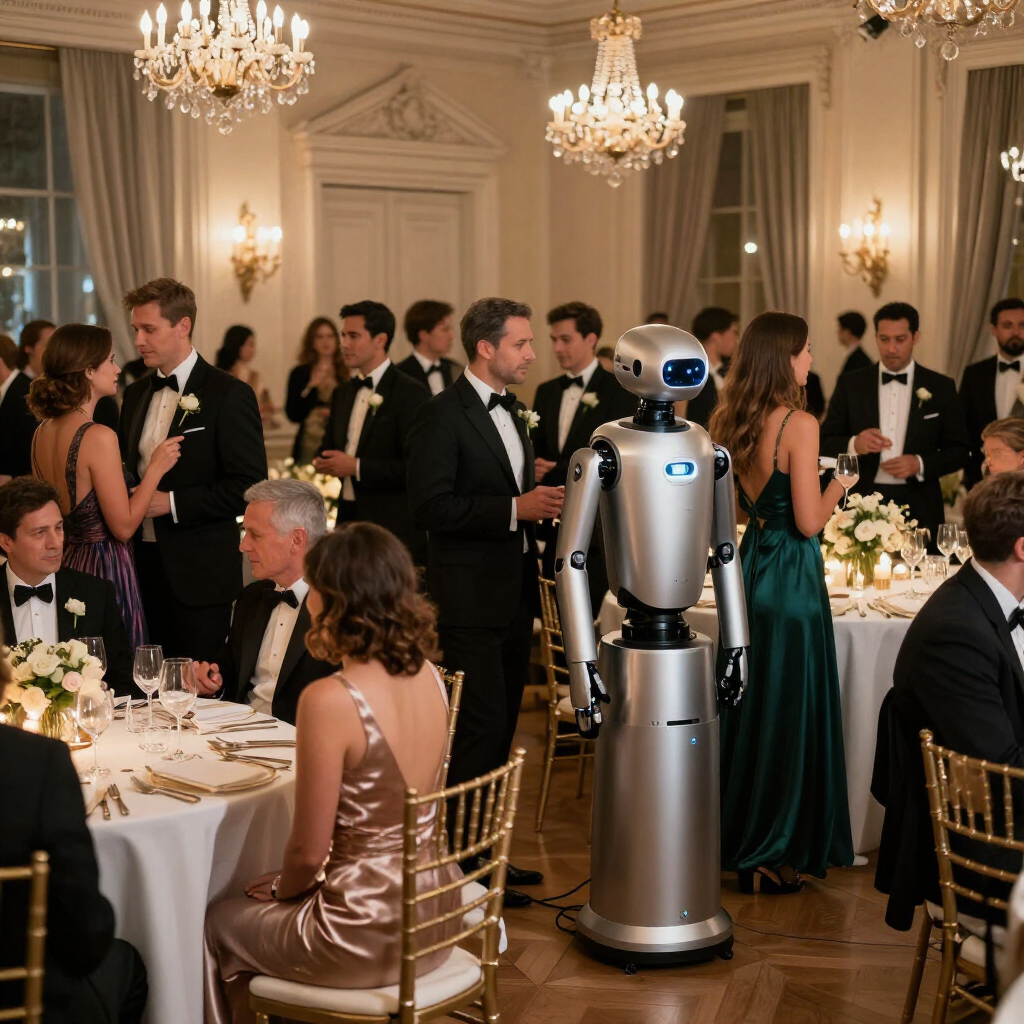 Robotserveerder tussen de gasten tijdens een formeel galadiner in een balzaal met kroonluchters