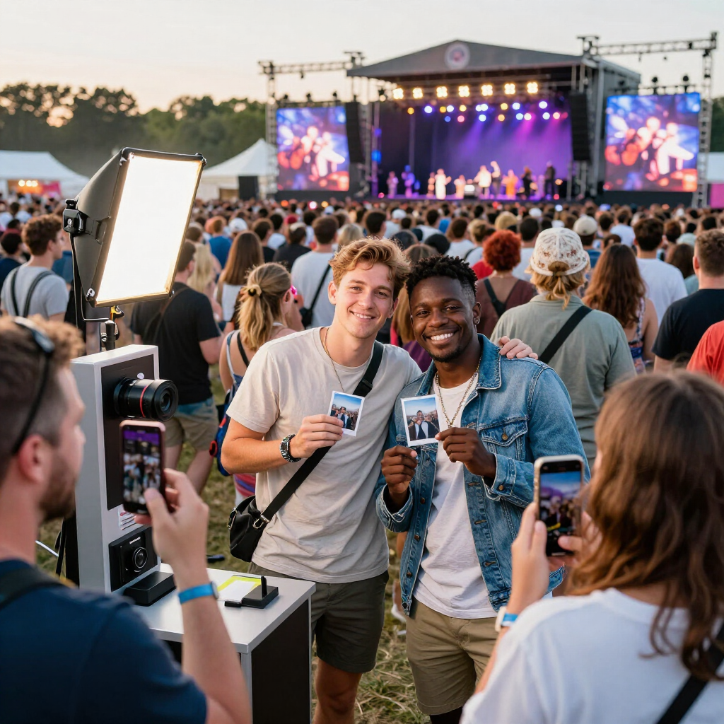 Vrienden poseren voor een selfie tijdens een openluchtconcert, met een verlicht podium en een menigte op de achtergrond