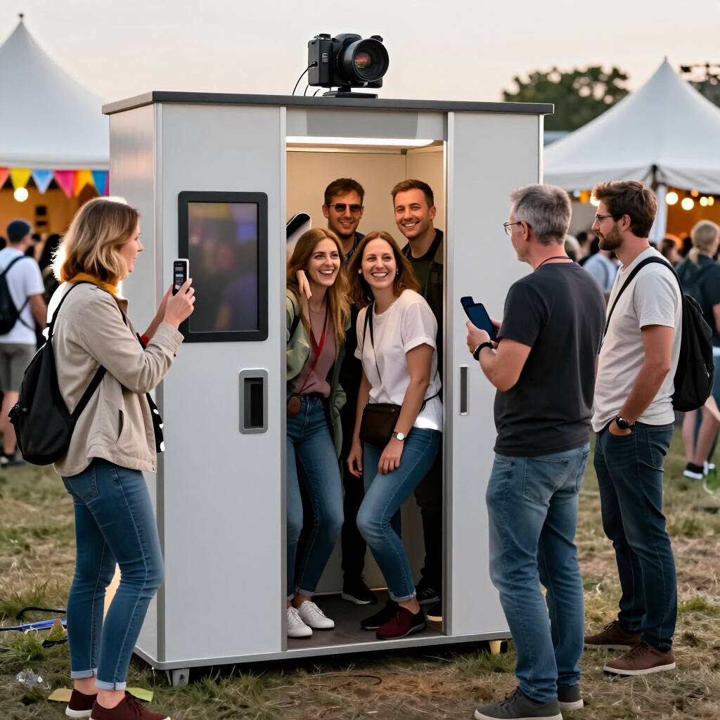 Mensen lachen in een fotohokje op een buitenevenement, terwijl anderen in de buurt wachten.