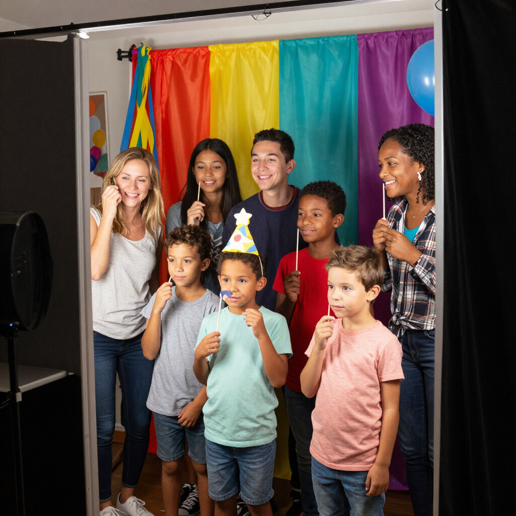 Een groep poseert glimlachend op een feest voor regenbooggordijnen, met een verjaardagskroon en ballonnen.