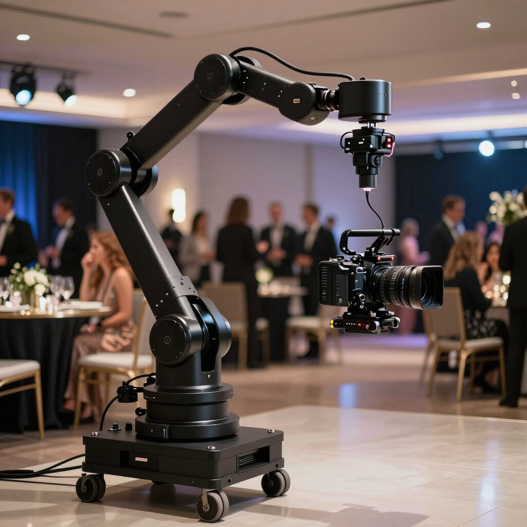 Zwarte robotische camerakraan op wielen bij een evenement binnen, met mensen op de achtergrond