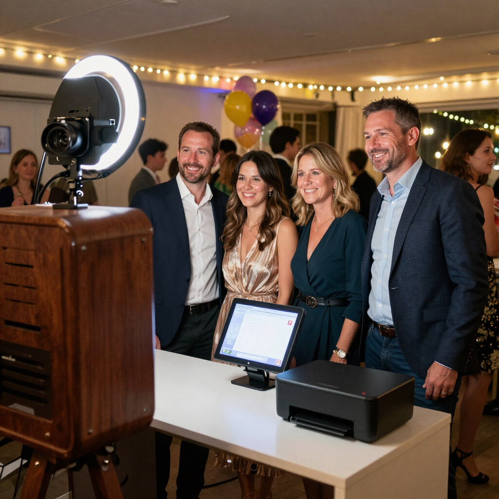 Vier mensen poseren lachend bij een photobooth met ringlamp op een feestje binnen, vlak bij ballonnen en lichtslingers